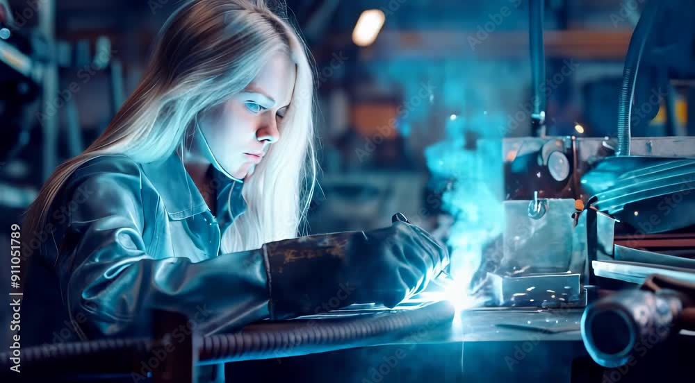A woman engaged in welding work inside an industrial workshop, wearing protective gloves and a metal jacket, with sparks flying around. A woman engaged in welding work inside an industrial workshop, wearing protective gloves and a metal jacket, with sparks flying around.