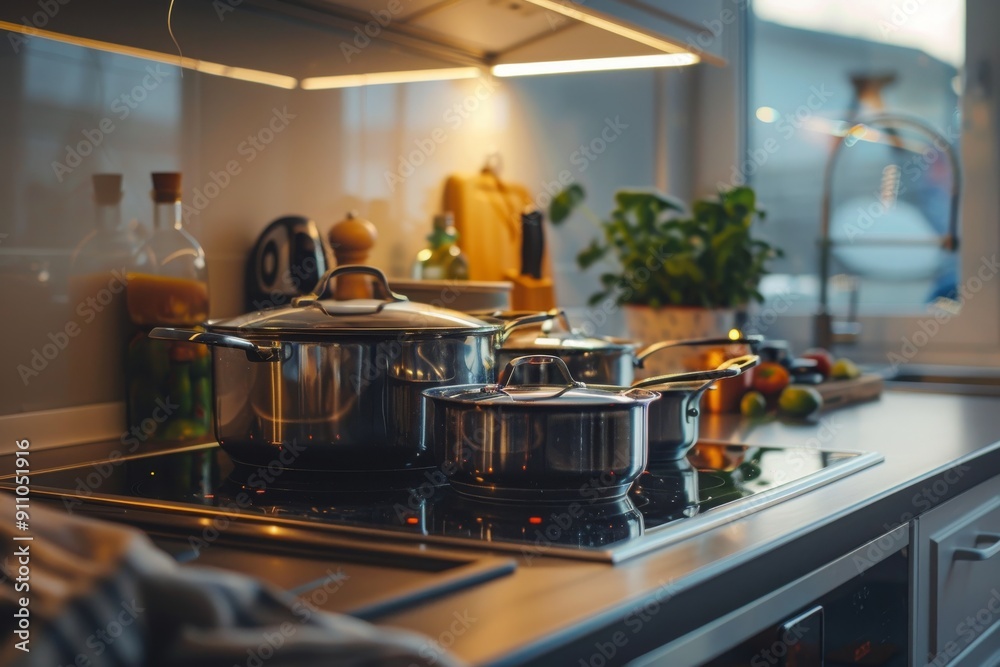 Stainless Steel Pots on a Modern Kitchen Countertop Stainless Steel Pots on a Modern Kitchen Countertop