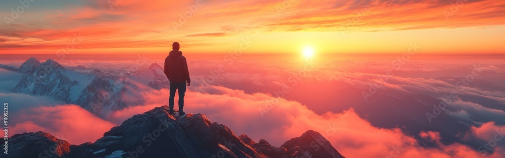 Man on Mountaintop at Sunrise, Looking at Horizon Man on Mountaintop at Sunrise, Looking at Horizon