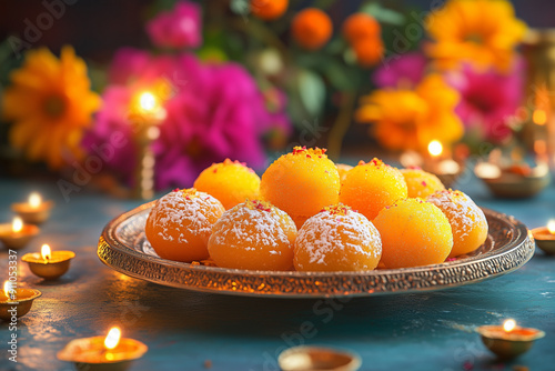 Ladoo Sweets on Decorative Tray with Flowers, Diwali Festival Celebration photo