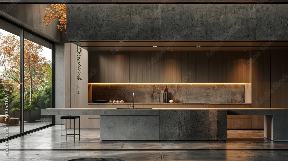 Fototapeta premium Minimalist futuristic kitchen with concrete countertops, voice-activated assistant, built-in smart lighting.