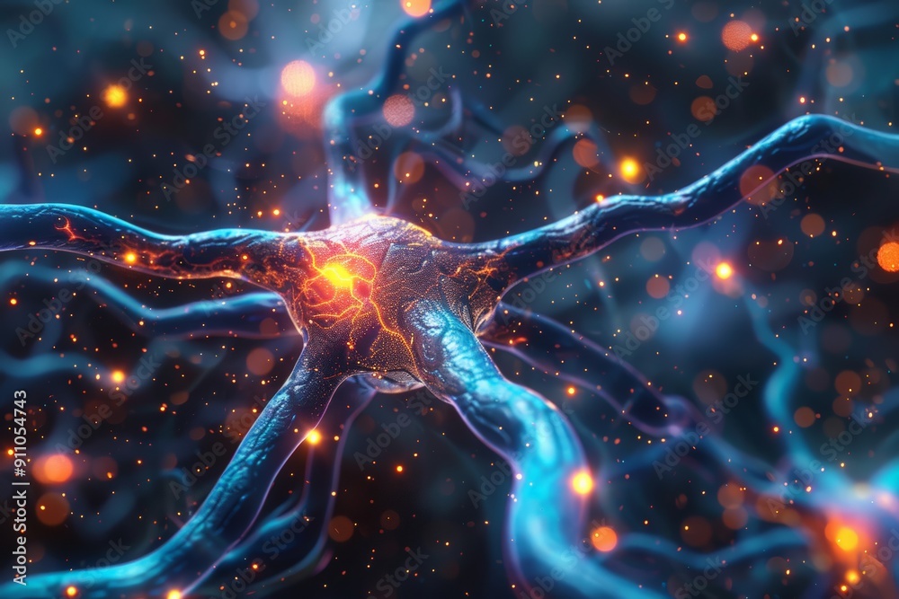Close-up of a neuron with glowing synapses, representing neural connections and brain activity. Close-up of a neuron with glowing synapses, representing neural connections and brain activity.