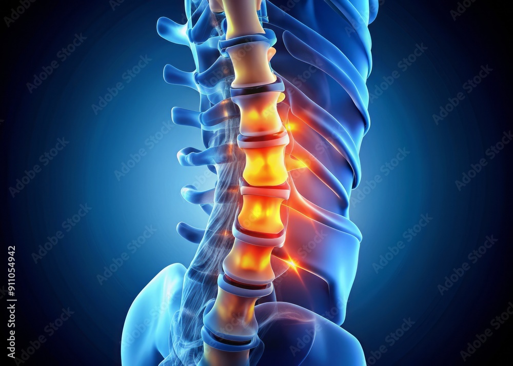 Compressing Spine ภาพประกอบสต็อก Illuminated 3D model of a lumbar spine showing a ...