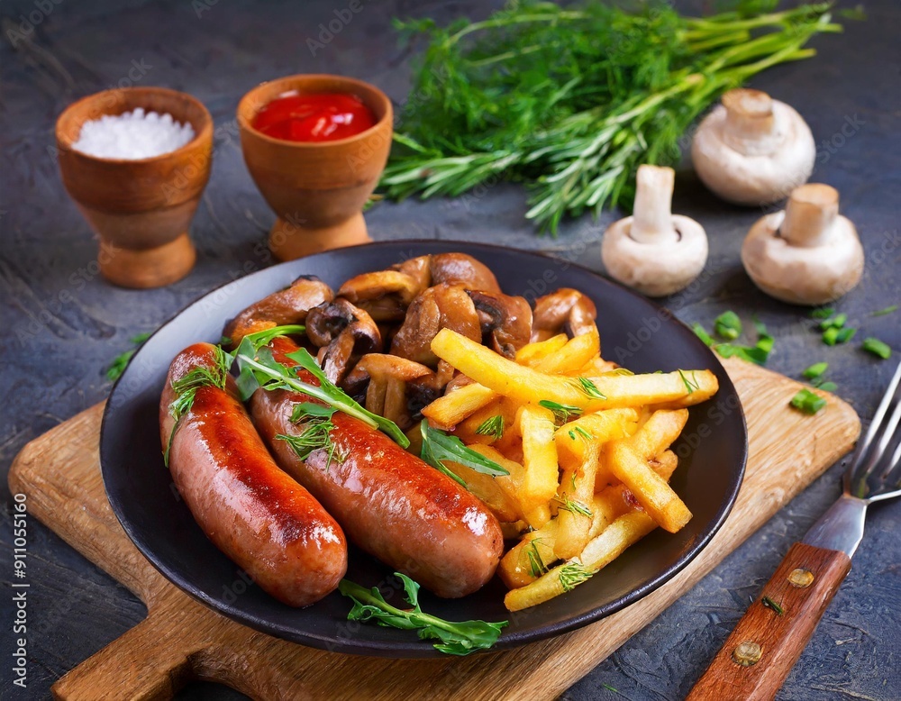 Würstchen mit Pommes, gebratenen Champignons und Kräutern Würstchen mit Pommes, gebratenen Champignons und Kräutern