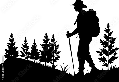 Vektor Silhouette - Wanderer mit Hut, Wanderstock und Rucksack in der Natur - Wandern in den Bergen