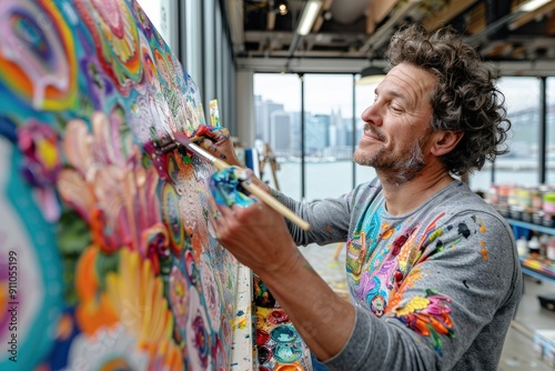 An artist paints a vibrant, colorful mural on a large canvas in an urban studio, surrounded by an assortment of paint and brushes, with a cityscape visible through large windows.