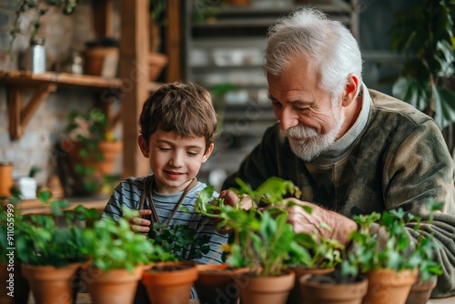 Wallpaper Mural Grandfather and grandson gardening together, enjoying their time in a cozy indoor garden. Torontodigital.ca