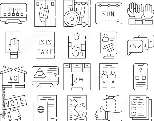 Voting And Elections Collection Icons Set Vector. Oath On Constitution And Ballot Box, Exit Polls, Disabled And Electronic Voting Booth, Concept Linear Pictograms. Black Contour Illustrations