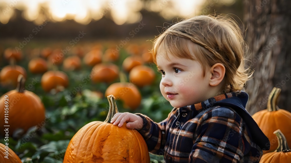 Fototapeta premium Toddler Exploring a Pumpkin Patch During Autumn Sunset in Rural Landscape