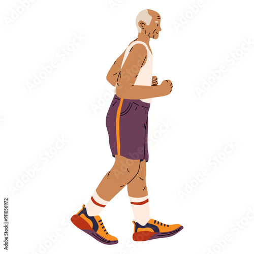 Elderly man jogging. Sports activity. Healthy lifestyle. Cardio workout. Running people in sportswear. Vector illustration for social advertising.