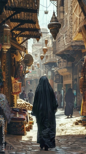 Wallpaper Mural Individuals dressed in traditional clothing stroll through a bustling marketplace filled with shops and lanterns Torontodigital.ca