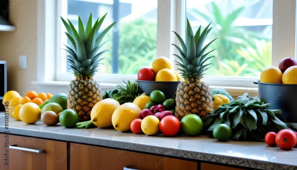 Colorful Display of Fresh Fruits on Kitchen Counter in Sunlight Colorful Display of Fresh Fruits on Kitchen Counter in Sunlight