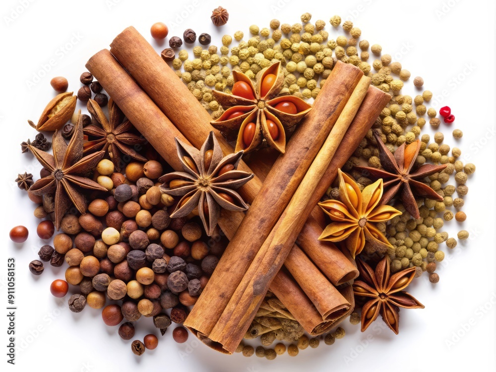 Aromatic spices arrangement featuring cinnamon sticks, anise stars, whole cloves, and coriander seeds on a clean white background, top view. Aromatic spices arrangement featuring cinnamon sticks, anise stars, whole cloves, and coriander seeds on a clean white background, top view.
