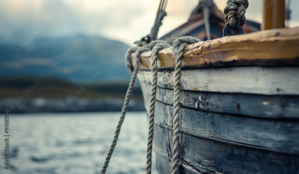 Fototapeta premium Rope and wire were attached to the bow of an old fishing boat, shown in close up, docked