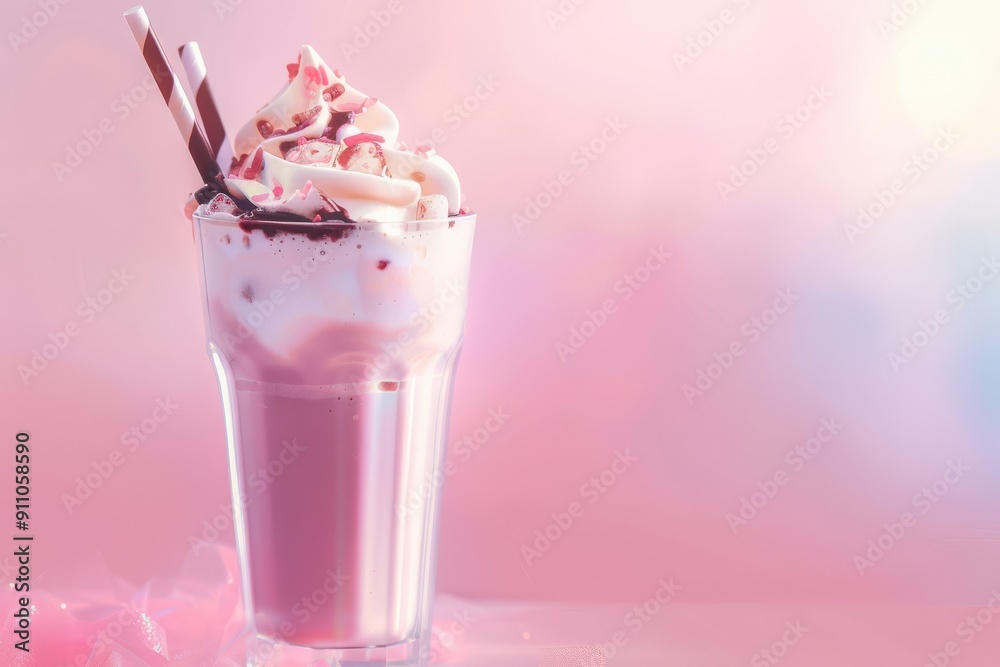 Close-up of a milkshake with whipped cream and sprinkles, pink background. Close-up of a milkshake with whipped cream and sprinkles, pink background.