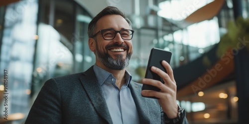 A man in a suit and glasses holds a cell phone, possibly waiting for an important call or checking messages
