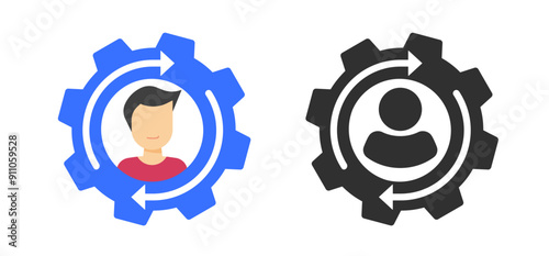 Person rotation change cog wheel icon flat vector graphic illustration set, man self construction development refresh gear symbol simple pictogram, employee improve turnover update image clip art  
