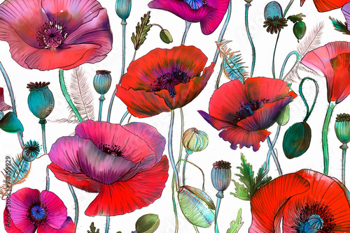 Set of watercolor red Flowers and green leaves - stock illustration