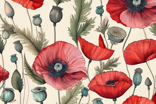 Set of watercolor red Flowers and green leaves - stock illustration