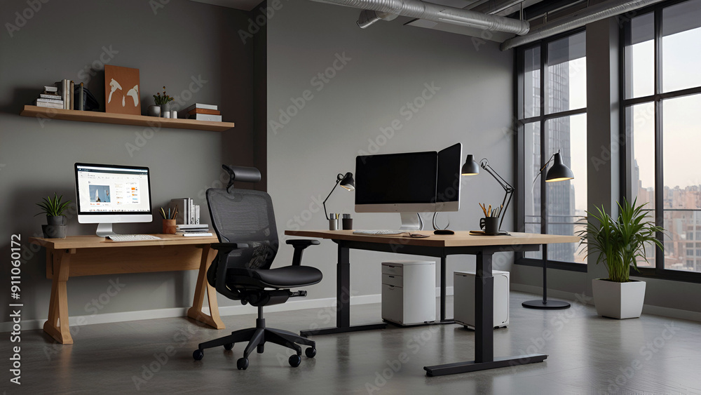 image showcasing ergonomic furniture, such as a standing desk, an ergonomic chair, and a monitor setup designed to reduce strain image showcasing ergonomic furniture, such as a standing desk, an ergonomic chair, and a monitor setup designed to reduce strain