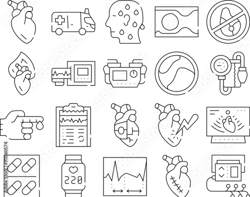 Heart Attack Disease Collection Icons Set Vector. Heart Human Organ And Rhythm, Ultrasound Medical Equipment And Ambulance Car, Concept Linear Pictograms. Black Contour Illustrations
