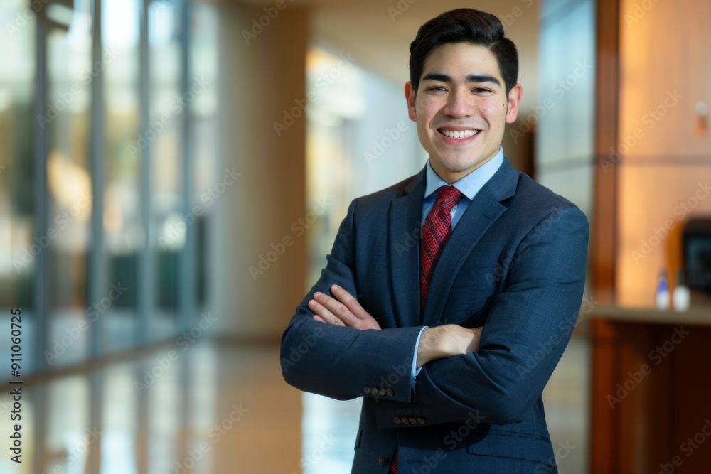 Smiling young Latino businessman, confident and elegant, standing in an office and looking at the camera, representing leadership in the corporate world. Smiling young Latino businessman, confident and elegant, standing in an office and looking at the camera, representing leadership in the corporate world.