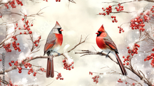 Winter red Cardinale birds. Scrapbooking Paper, Digital Christmas Card, Digital Printing Paper, Scrapbooking