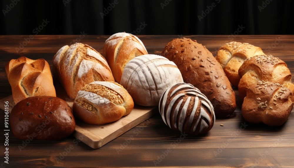Assortment of Freshly Baked Breads on a Wooden Table Assortment of Freshly Baked Breads on a Wooden Table