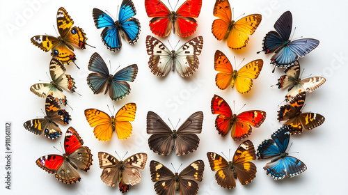 Colorful array of small butterflies arranged in a circular pattern, isolated on bright white background, overhead view photo