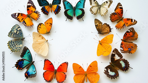 Colorful array of small butterflies arranged in a circular pattern, isolated on bright white background, overhead view photo