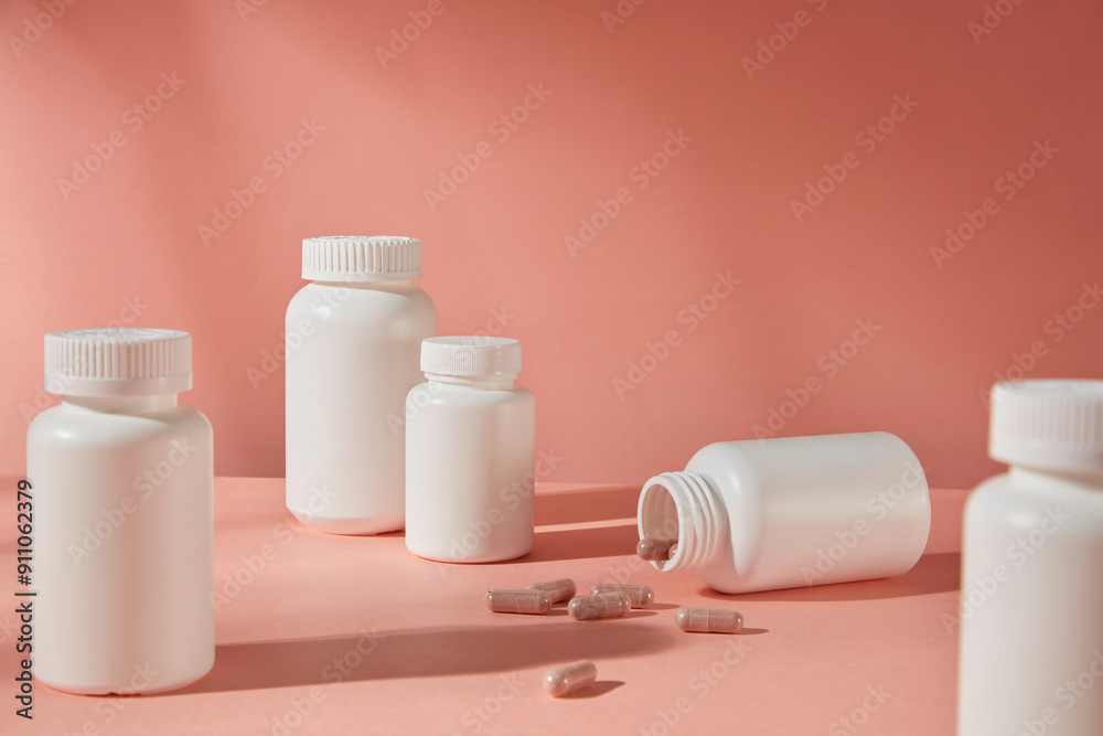 Pink background photo from frontal shot, plenty unbranded medicine bottle in white evenly arranged on the table top, one flat lay with some falling out capsules. Designing and advertising space Pink background photo from frontal shot, plenty unbranded medicine bottle in white evenly arranged on the table top, one flat lay with some falling out capsules. Designing and advertising space
