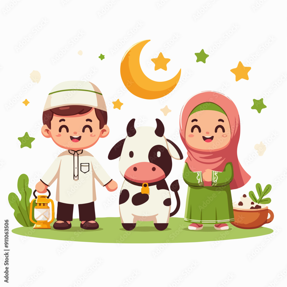 Fototapeta premium Eid Al Adha Illustrations. Muslims Prepare Livestock to Be Sacrificed. People Celebrate Eid Al Adha