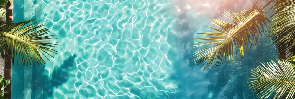 Fototapeta premium An inviting view of a swimming pool with crystal clear blue water, framed by shadows of palm leaves gently moving in the sunlight.