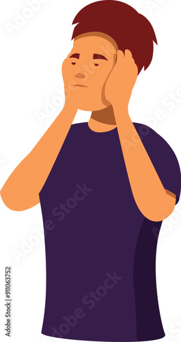 Young man is covering his ears with his hands, trying to block out a loud and unpleasant sound