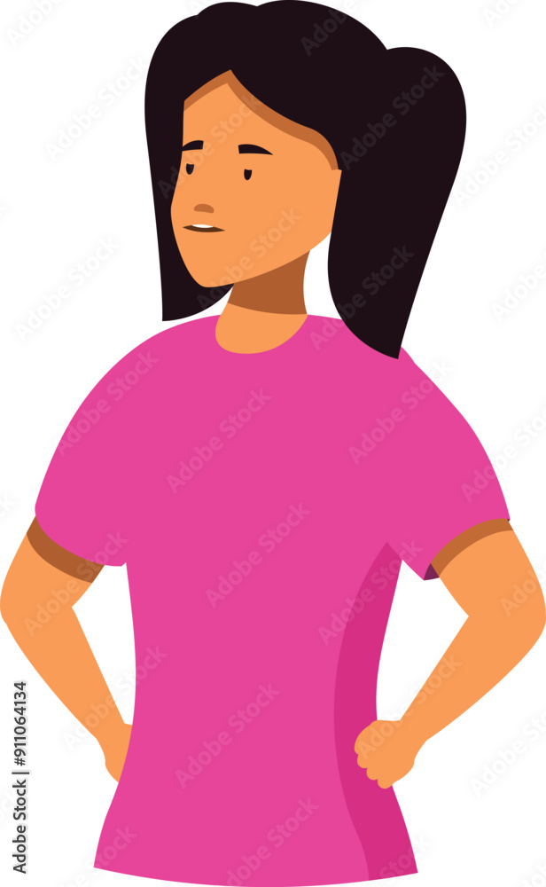 Confident young woman standing with hands on hips looking up to the side Confident young woman standing with hands on hips looking up to the side