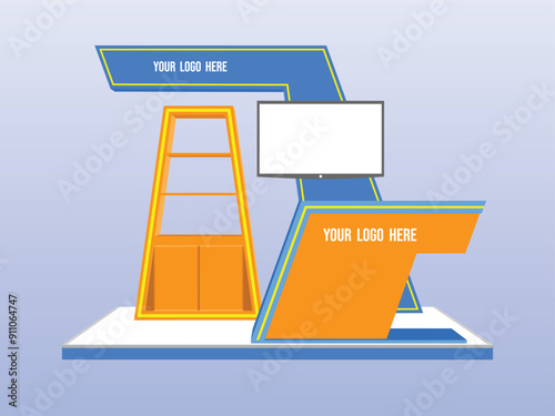 3d illustration stand booth 3x2m with table receptionist rack display and blank LED TV screen for logo company for event exhibition. Vector sketch outline drawing coloring editable isolated.