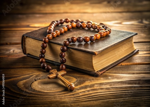 A serene still life of a Bible and rosary resting on a wooden table, symbolizing a moment of quiet contemplation and devotion to Christian faith and spirituality. photo