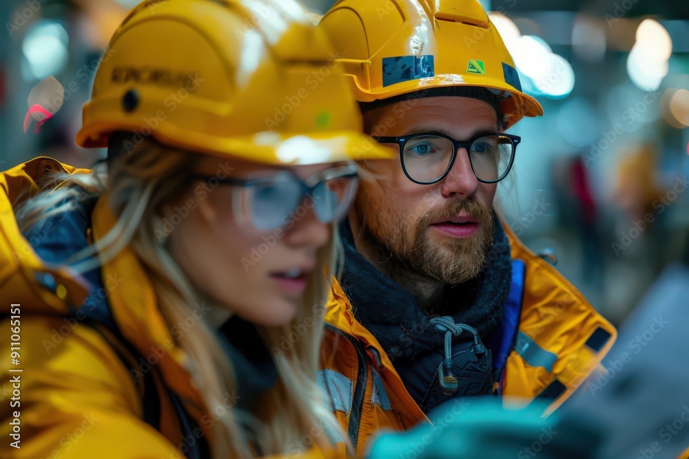 Two construction workers, a man and a woman, wearing protective gear, are examining blueprints and planning a construction project at a busy work site, emphasizing teamwork. Two construction workers, a man and a woman, wearing protective gear, are examining blueprints and planning a construction project at a busy work site, emphasizing teamwork.