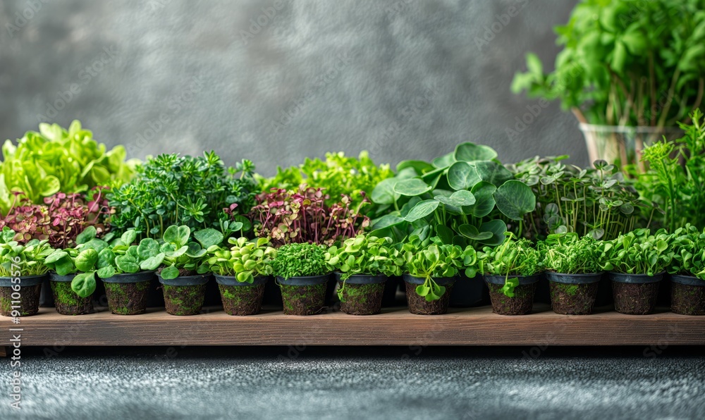 Fresh Greens In Pots On Wooden Tray Fresh Greens In Pots On Wooden Tray