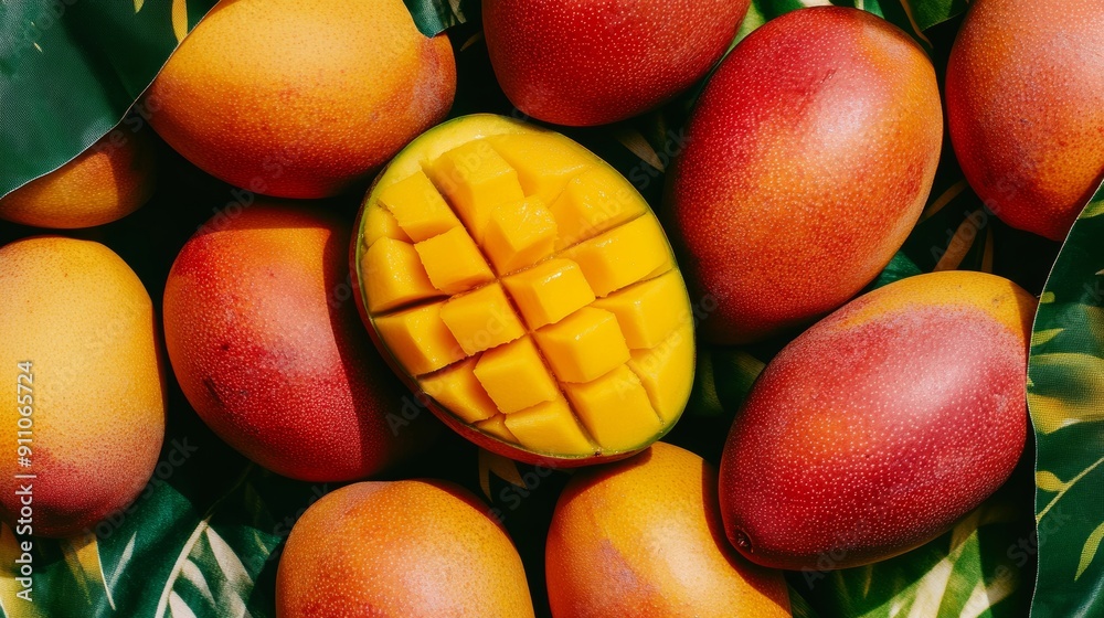 A pile of ripe mangoes with one cut open, revealing the juicy flesh, placed on a vibrant summer picnic cloth A pile of ripe mangoes with one cut open, revealing the juicy flesh, placed on a vibrant summer picnic cloth