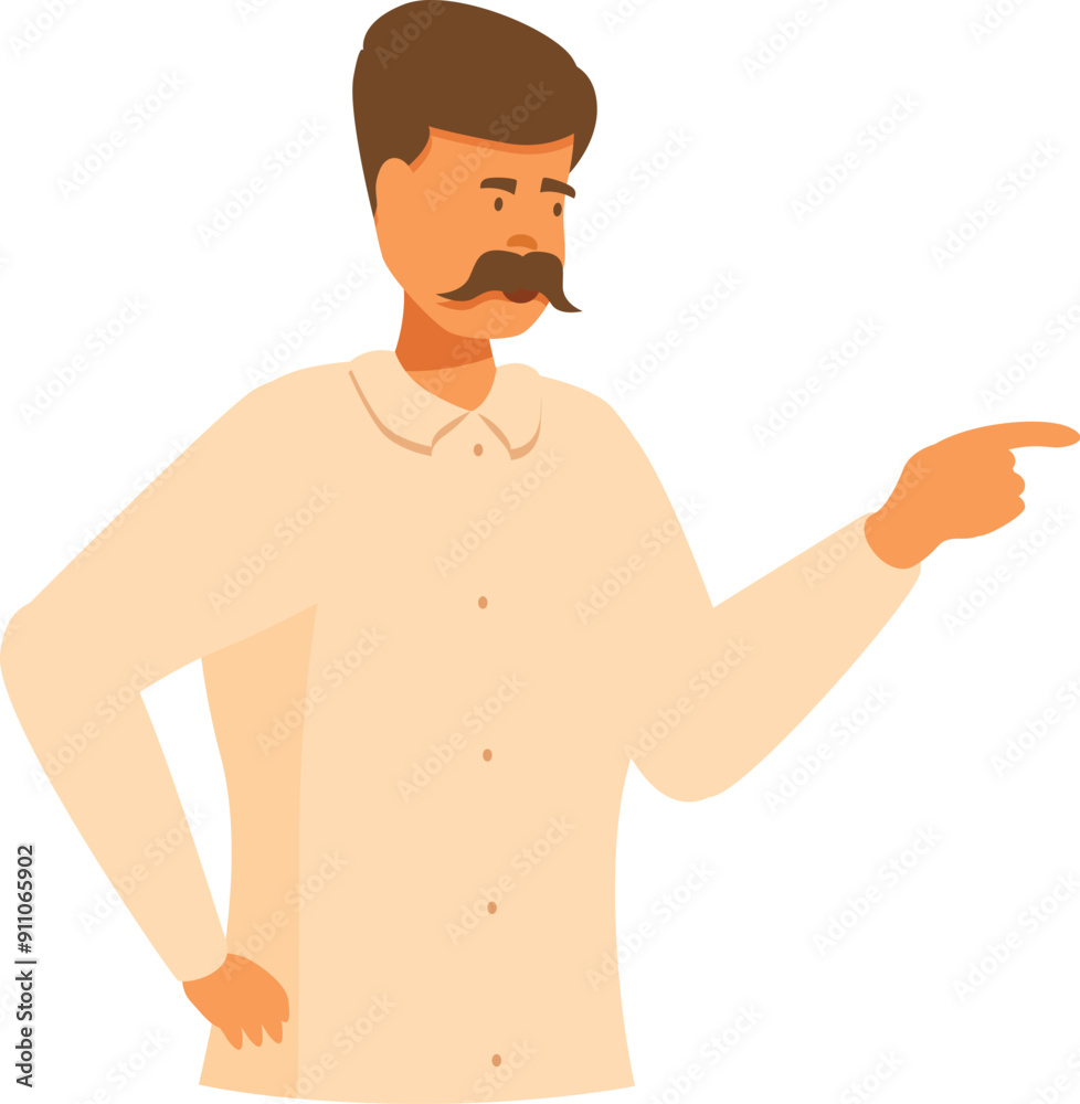Fototapeta premium Man with a mustache is pointing with his finger to the side while looking serious
