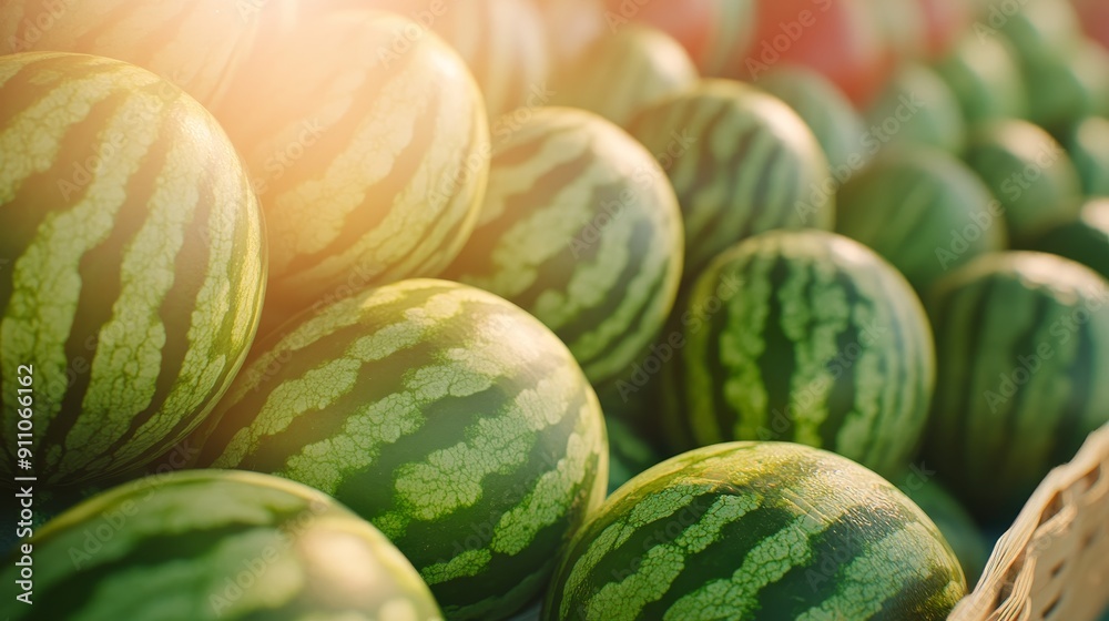 A set of watermelons displayed in a market setting, highlighting different textures and patterns of the rind, with a warm lighting A set of watermelons displayed in a market setting, highlighting different textures and patterns of the rind, with a warm lighting