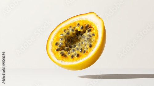 A single passionfruit cut in half, suspended in mid-air, with its vivid yellow pulp and seeds vividly highlighted against a minimalist white background photo