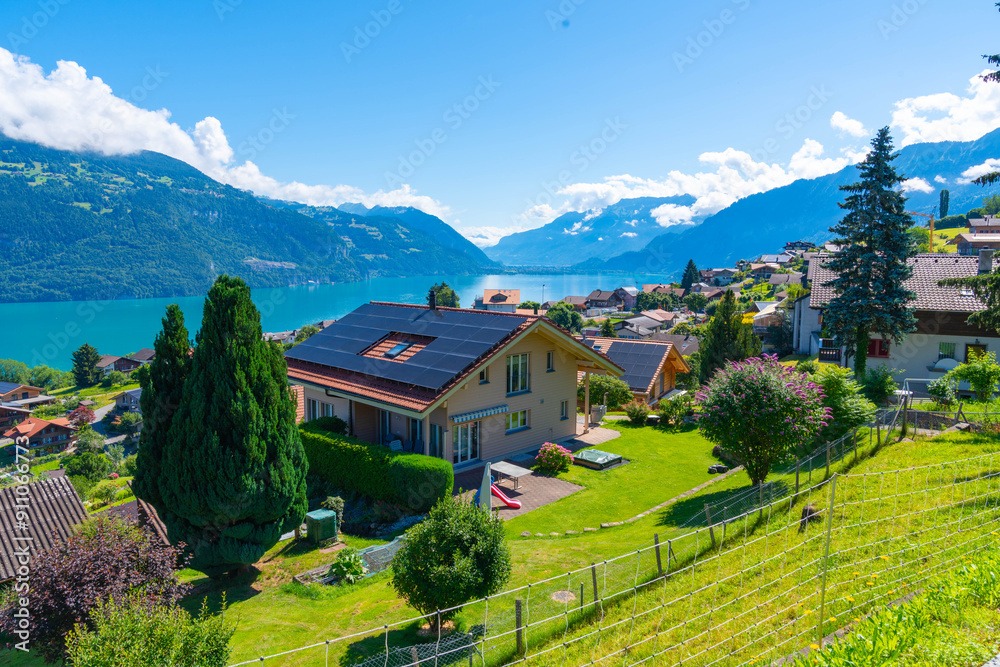 Obraz premium Switzerland at summer, Swiss town with a large lake in the background