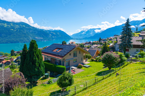Switzerland at summer, Swiss town with a large lake in the background