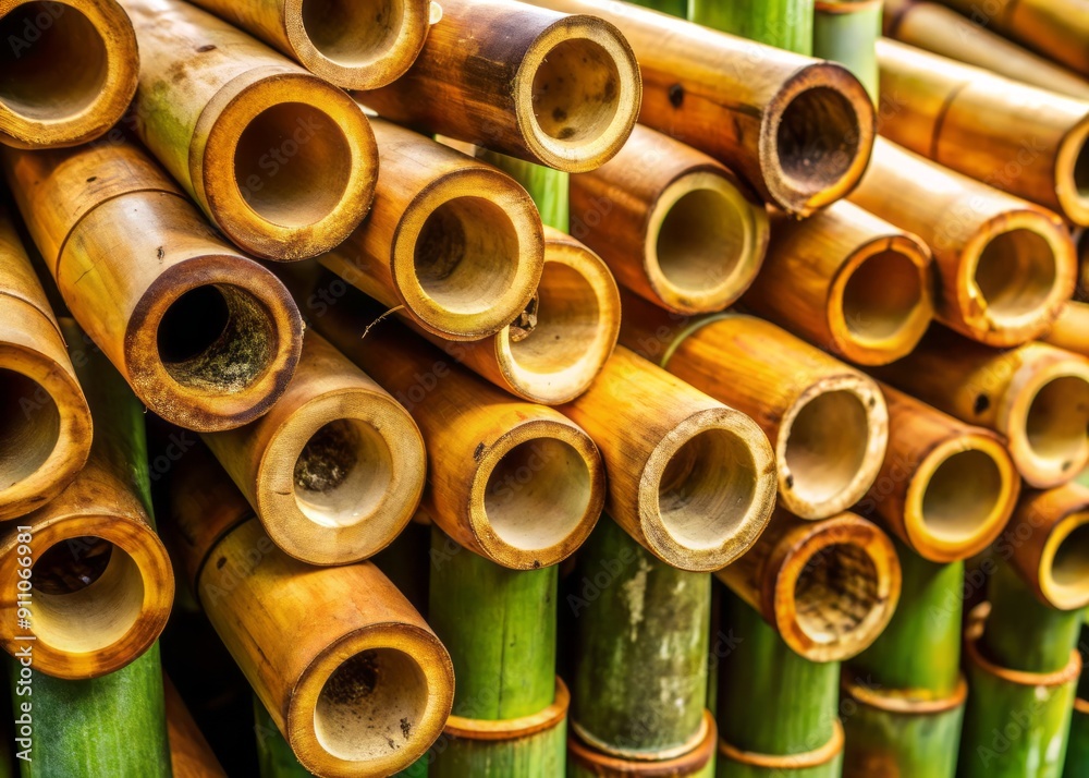 Close-up of bamboo tree trunks showcasing hollow cavities and segmented nodes, highlighting their versatility for crafting furniture, paper, and traditional handicrafts. Close-up of bamboo tree trunks showcasing hollow cavities and segmented nodes, highlighting their versatility for crafting furniture, paper, and traditional handicrafts.