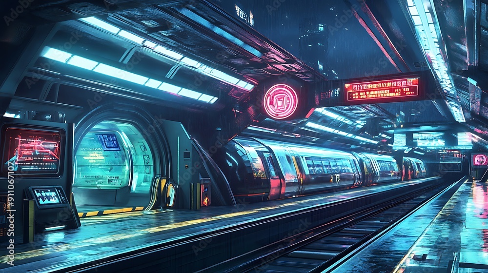 Fototapeta premium A neon-lit futuristic train station, with advanced transportation and holographic signs --ar 16:9