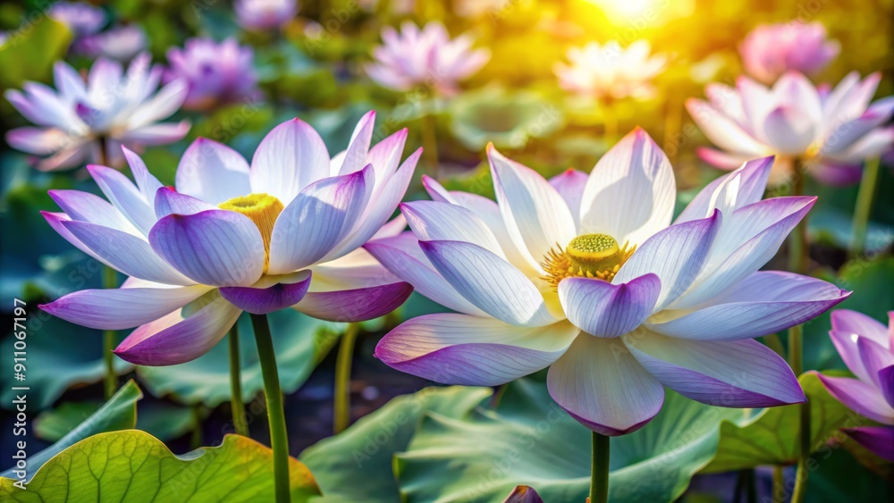 Exquisite white and purple lotus flowers bloom amidst serene gardens, their delicate petals and golden centers radiating elegance and tranquility in a natural setting. Exquisite white and purple lotus flowers bloom amidst serene gardens, their delicate petals and golden centers radiating elegance and tranquility in a natural setting.