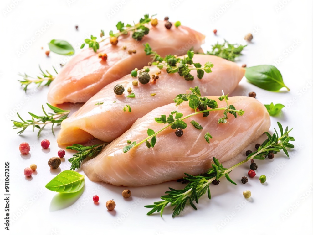 Semi-cooked chicken fillets with fresh herbs on a white background, perfect for quick homemade meals or fast food preparations, with ample copy space. Semi-cooked chicken fillets with fresh herbs on a white background, perfect for quick homemade meals or fast food preparations, with ample copy space.