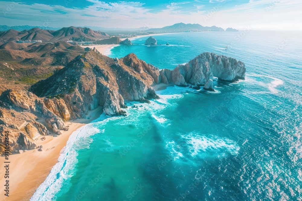 breathtaking aerial view of the iconic arch at lands end in cabo san lucas where turquoise pacific waters meet the azure gulf of california